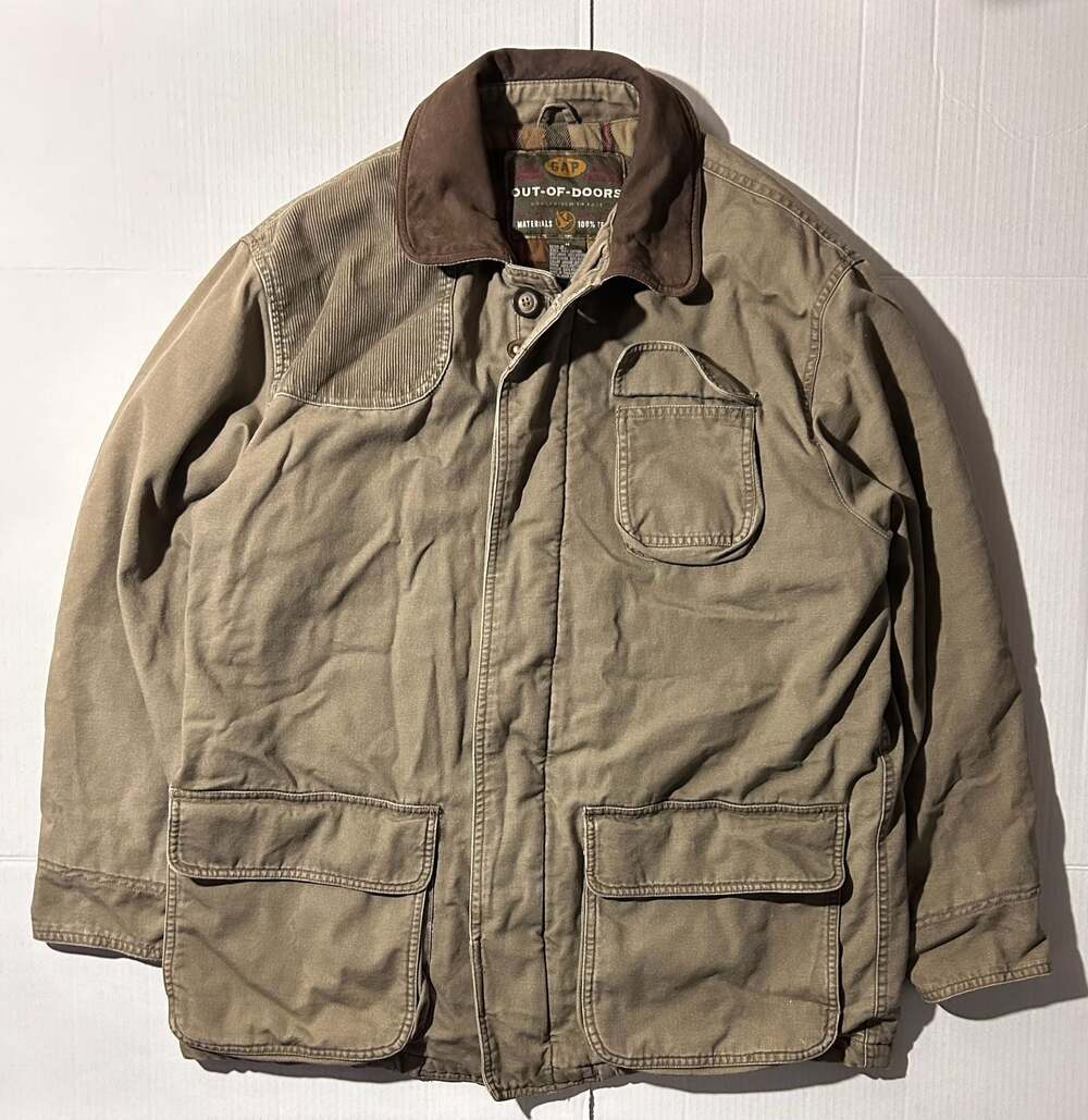 90s Vintage Gap Canvas Barn Chore Hunting Jacket with Leather Collar and Quilted